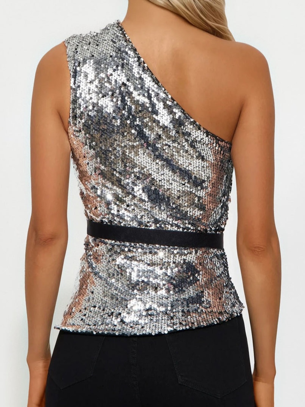 NWT Fashion Nova Disco Sparkle One Shoulder Silver Sequin Blouse Size Large - Picture 9 of 9